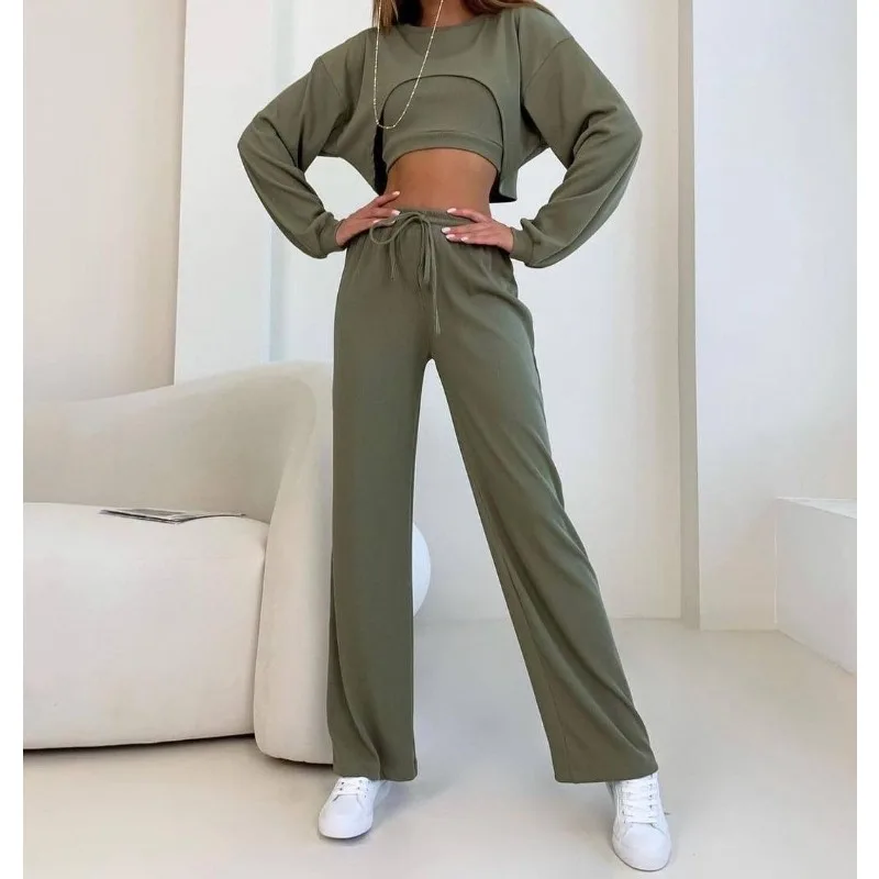 3PCS Women's Fashion Round Neck Crop  Long Sleeve Top & Pants Set Temperament Female Casual Clothes 3 Piece Set Outfit for Women