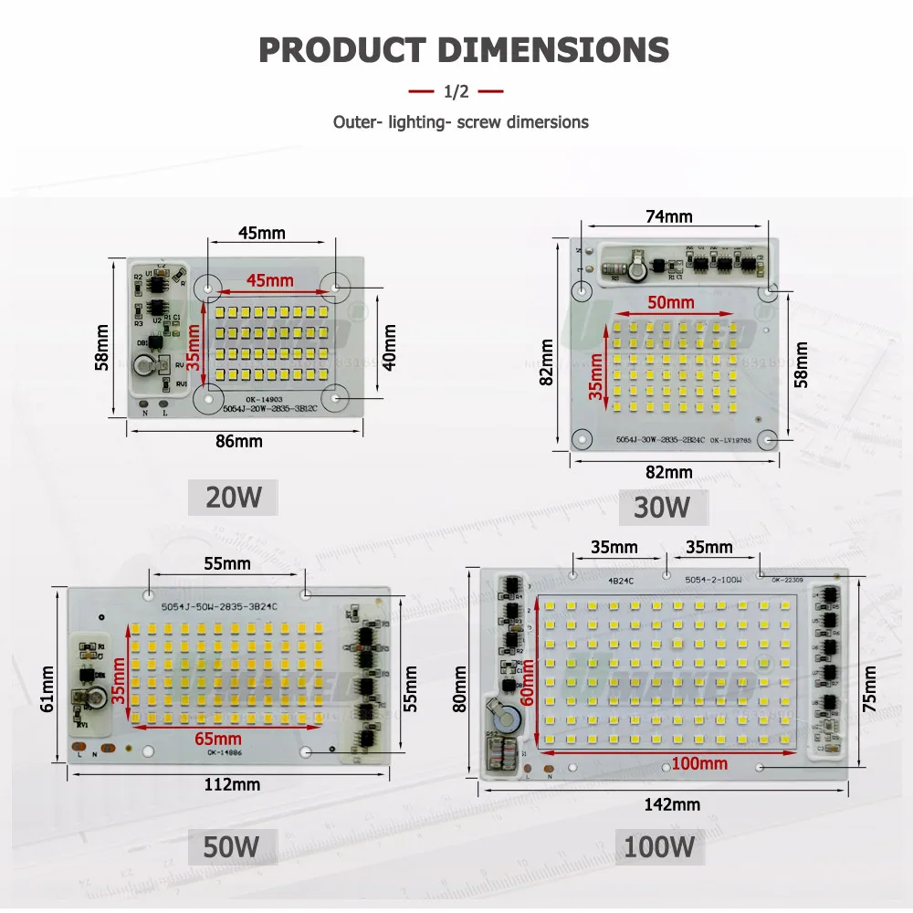 AC220V IC Drive LED PCB Floodlight Plate 20W 30W 50W 100W 150W Full Power Light Source Panel For Outdoor Lamps Replace DIY Chips