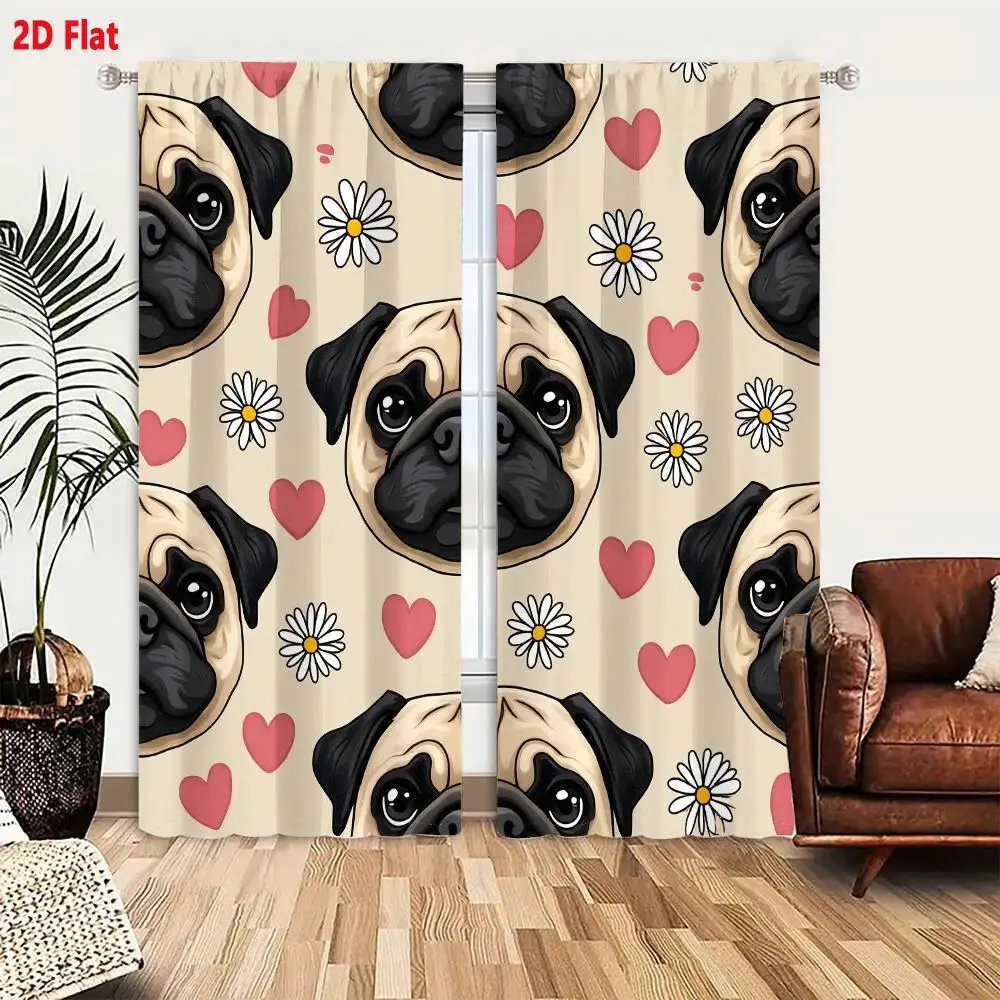 2Pcs Curtains 2D Flat Seamless Pattern With Cute Pug Dog Heads Pink Hearts And White Daisies On Light Beige Background Window Dr
