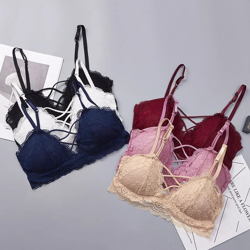 Women V Neck Scalloped Lace Bra Wire Free Removable Pad Thin Strap Front Criss Cross Bralette Skin Friendly One Size Underwear