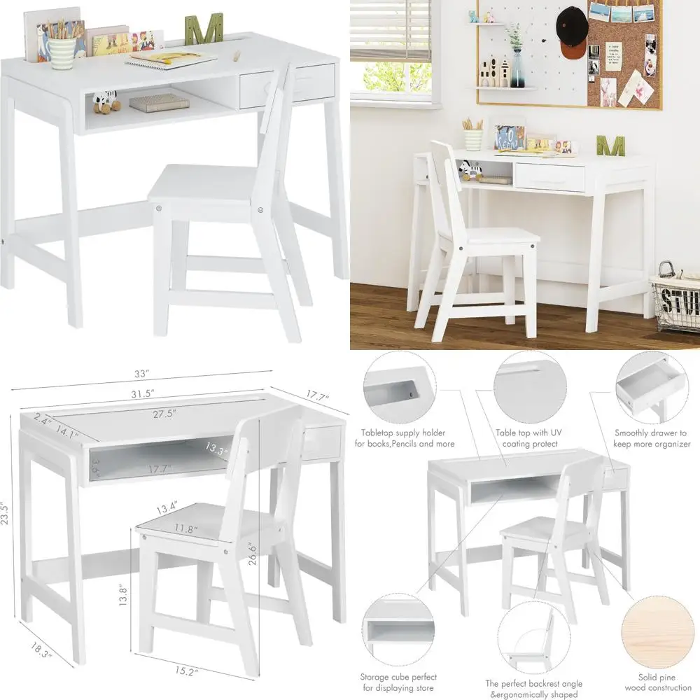 Children's Wooden Study Desk and Chair Set with Storage Drawers, Ideal for Homework and Computer Use