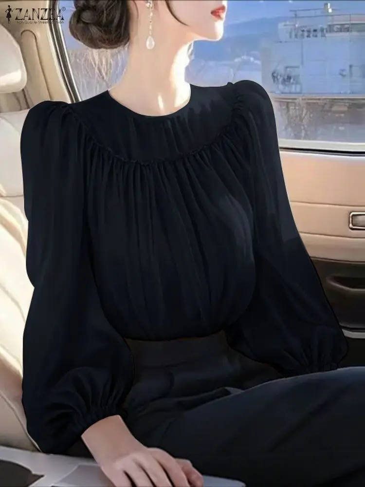 ZANZEA Camicie moda Donna Manica lanterna Camicette solide Manica lunga Increspato Autunno Top Chiffon Elegante Ufficio Casual Blusas