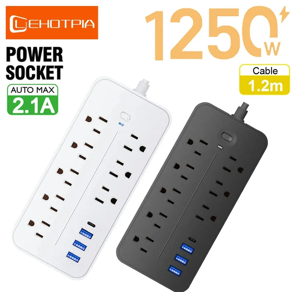 US Plug AC Outlets Power Strip Multitap Socket Extension Cord Electrical With USB Type C Fast Charging Network Filter Adapter