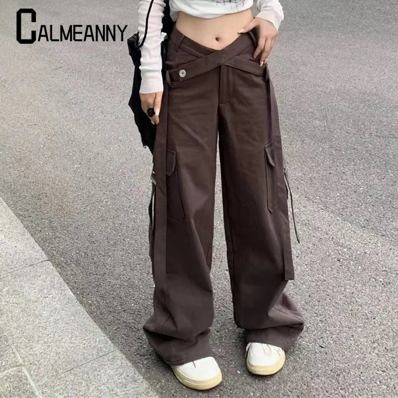 

New Spring Autumn Casual Loose Straight Overalls Pants Streetwear Vintage Solid Cargo Pants Women's Fashion High Waist Trousers