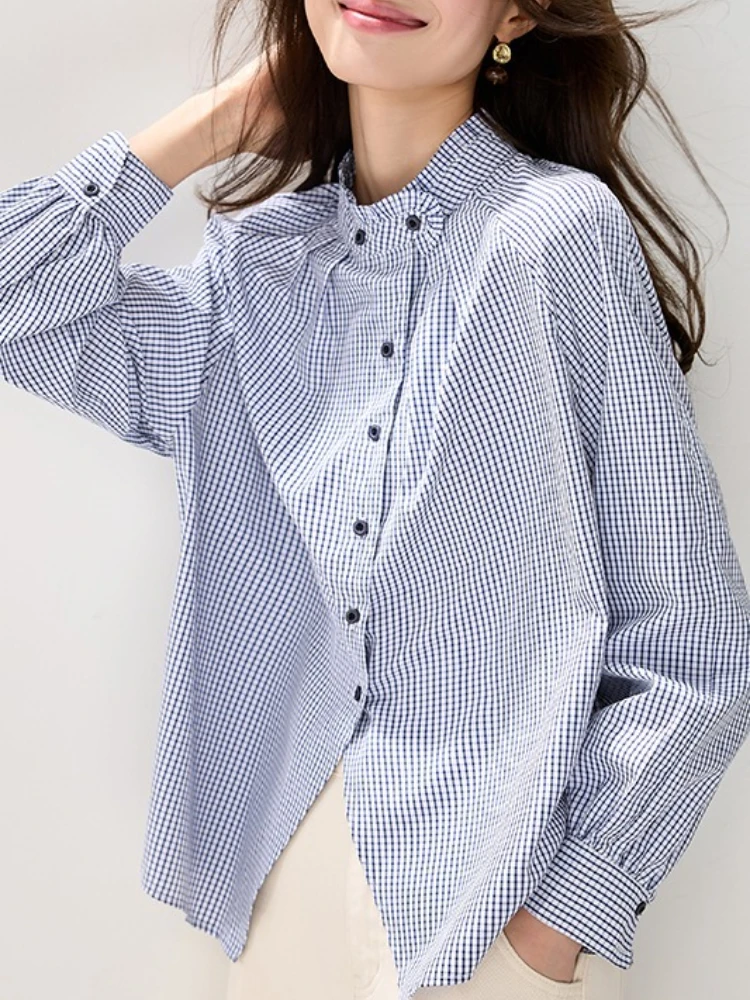 خمر الوقوف طوق منقوشة الكشكشة قميص المرأة الخريف سيدة أنيقة بسيطة تنوعا الأزرق فضفاضة طويلة الأكمام بلوزة بلايز عادية