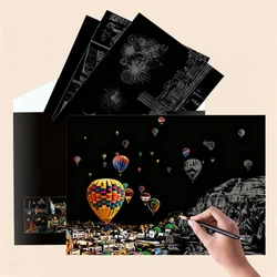 4 Sheets Scratch Art Paper with Stylus Famous Landmarks Drawing Kit Stress Relief Painting Toy Creative Decor Fun Kid Adult Gift