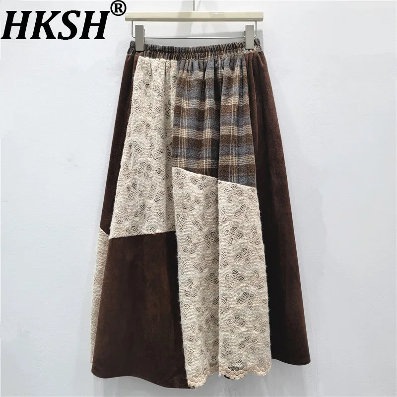 Spódnica damska HKSH Jesień Zima Nowa Kolekcja Blok Kolorów Asymetryczna Patchworkowa Koronka Ażurowa Szydełkowa Krata Plisowana Retro Spódnice w Stylu Ins HK14637