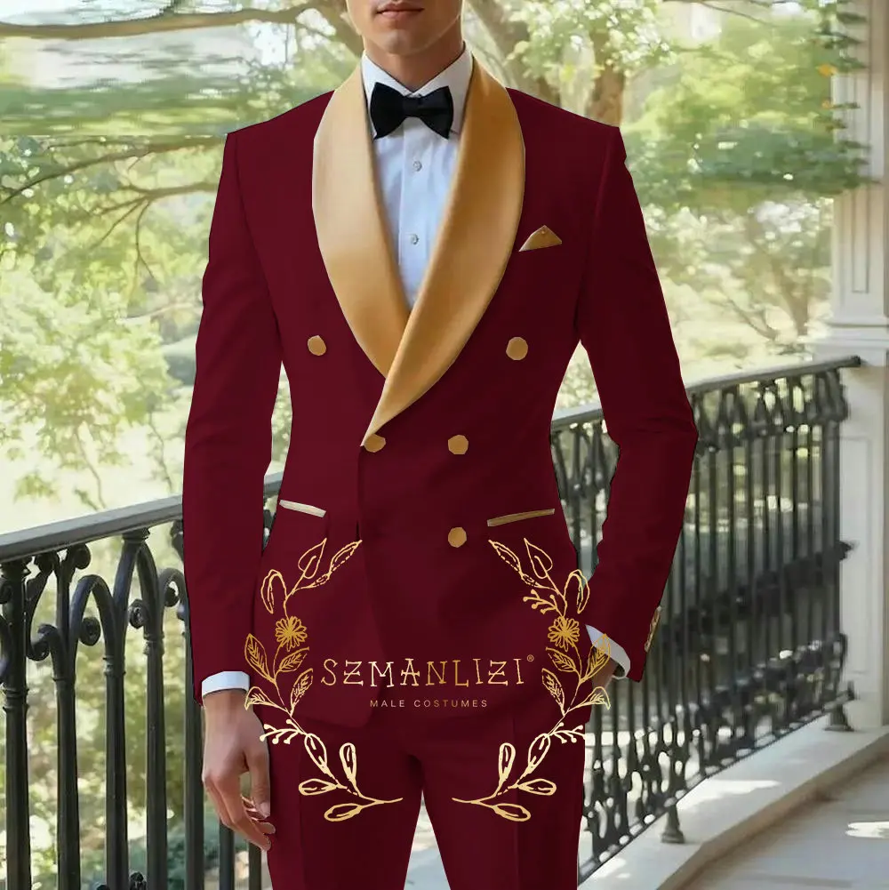 Weißer Herrenanzug, zweireihig, Blazer, Hose, neueste Designs, goldenes Schalkragen, schmale Passform, 2-teiliger Smoking, Bräutigam, Abschlussball, Anzüge, Ternos