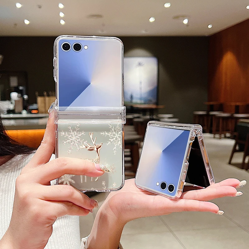 Christmas Tree Elk Pattern Clear Phone Case For Samsung Galaxy Z Flip7 FE Flip7 Flip6 Flip5 Flip 7 6 5 4 3 5G Hard Folding Cover
