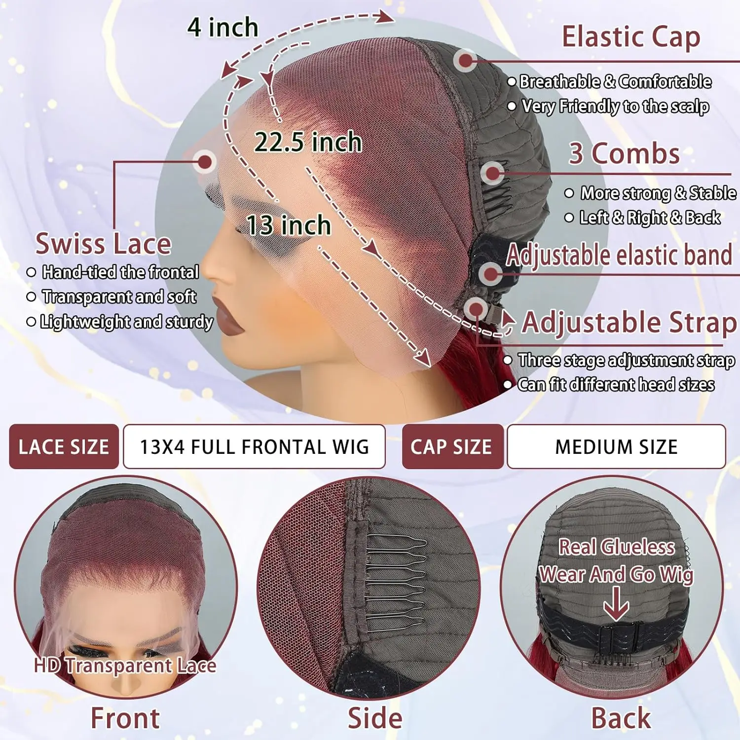 200%高密度99Jバーガンディ13x4レースフロント人毛ウィッグブラジル産カラー34インチストレートレッドレースフロント人毛ウィッグ