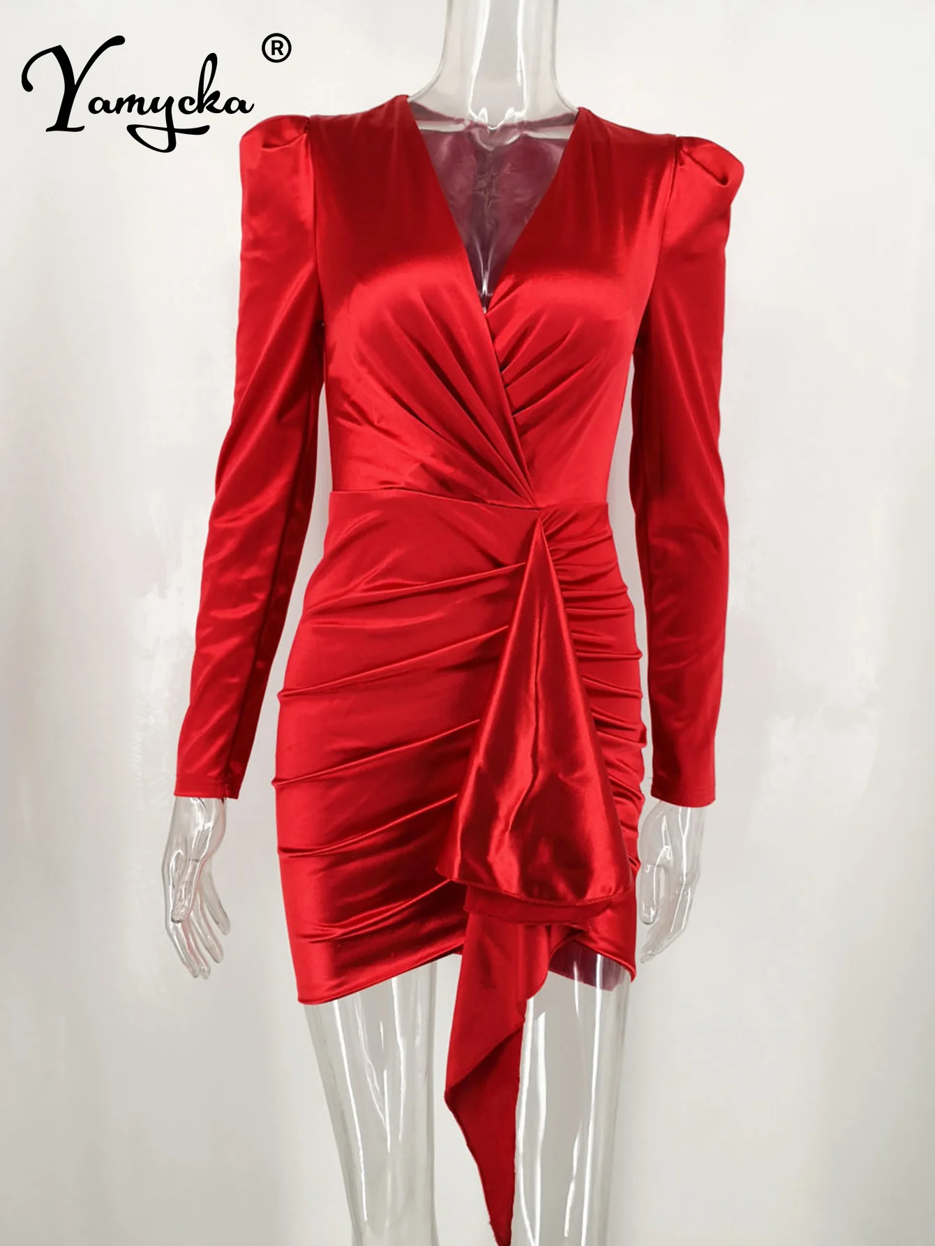 

Sexy Red Satin Puff Long sleeve Bodycon Dress women summer Elegant silk autumn club party Dress wrap Fold Mini Dresses Vestidos