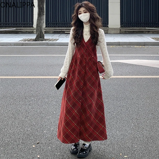 Onalippa Vintage Plaid V Neck Wool Dress for Women High Waist All Match Sleeveless Cardigan Korean Preppy Style Kawaii Dresses