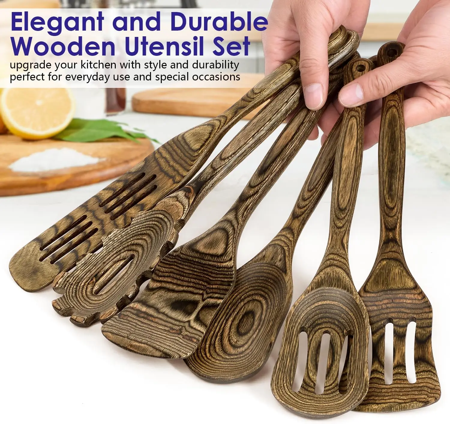 ﻿ 6pcs Kitchen Utensils Set Wooden, Pakkawood Cooking Spoon Set Slotted Spatula Cookware Wooden Turner Utensil Tools