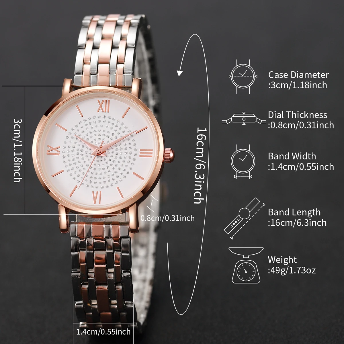 6pcs/set Women Luxury Stainless Steel Quartz Watch & Diamond Jewelry Set