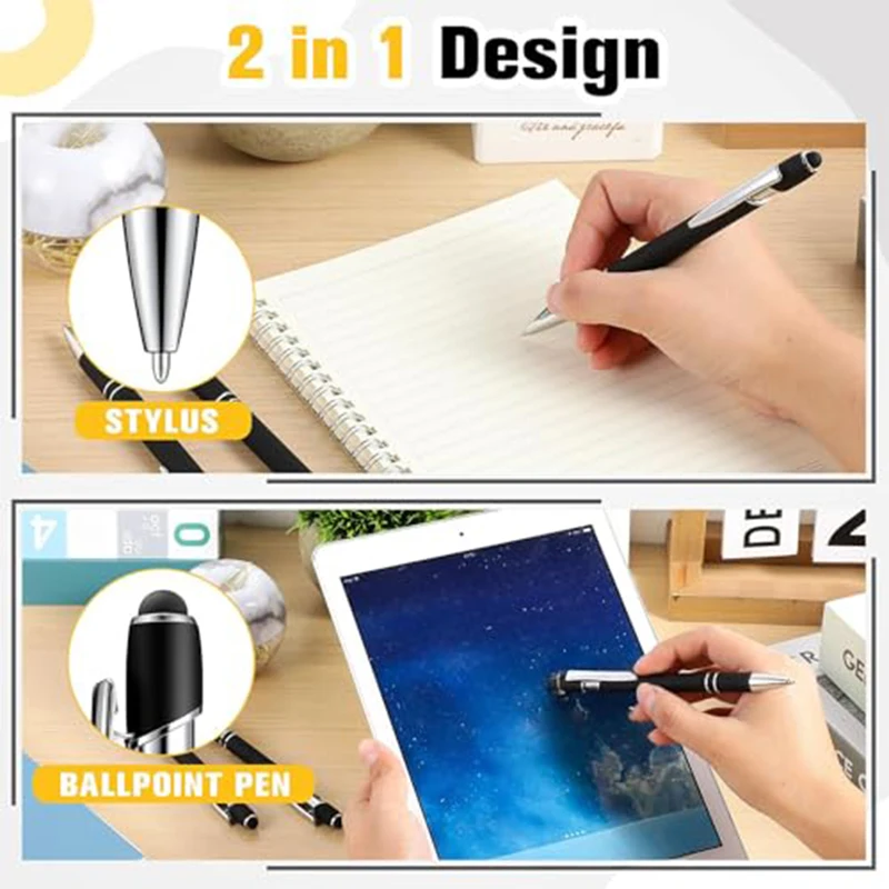 20Pcs 2 in 1 Metal Stylus Ballpoint Pens, Soft Rubber Grip Touch Screen Writing Pens, Smooth Black Ink Retractable Ball Pens