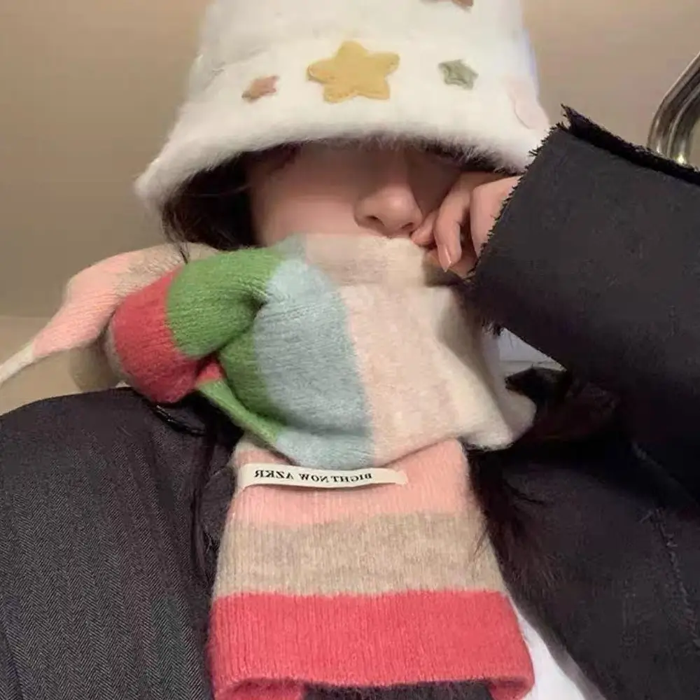 Inverno Donna Fazzoletto da collo Scialle Strisce arcobaleno Sciarpa in mohair Inverno Strisce di blocco colore Sciarpa di lana Scaldino Sciarpe avvolgenti spesse