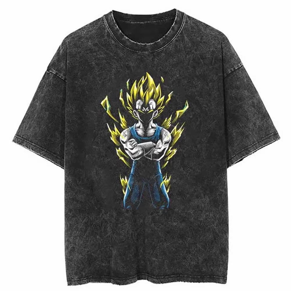 

2026 Dragon Ball Vegeta Saiyan Anime Printed Washed Tshirt Cotton Summer New Unisex Loose Short Sleeved Harajuku Y2K Top
