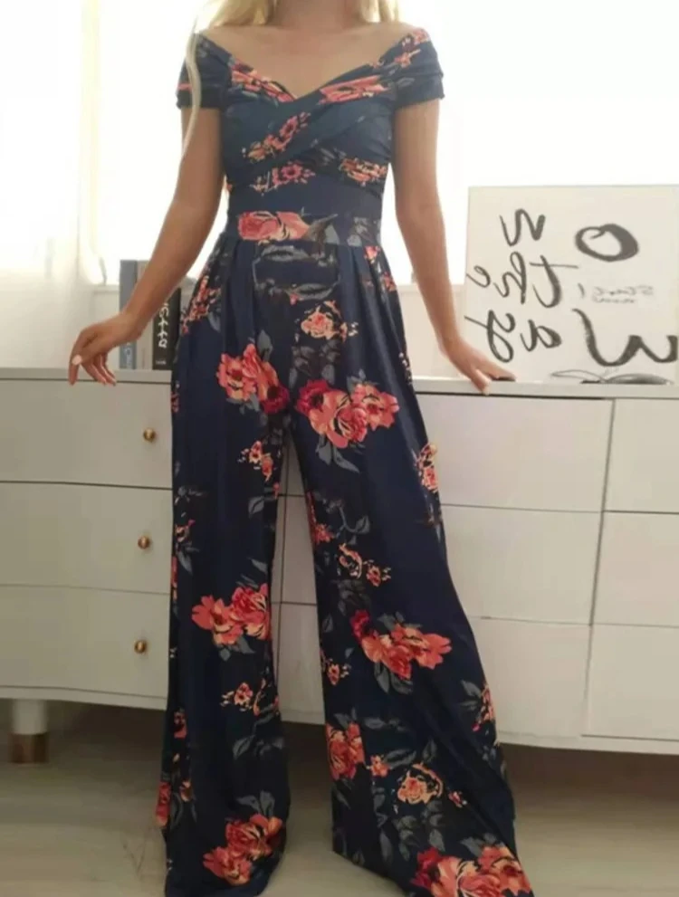 Summer New Printed One Shoulder Jumpsuits Women High Waist Short Sleeves Wide Leg Long Pants Slim Jumpsuit Ladies Commuting
