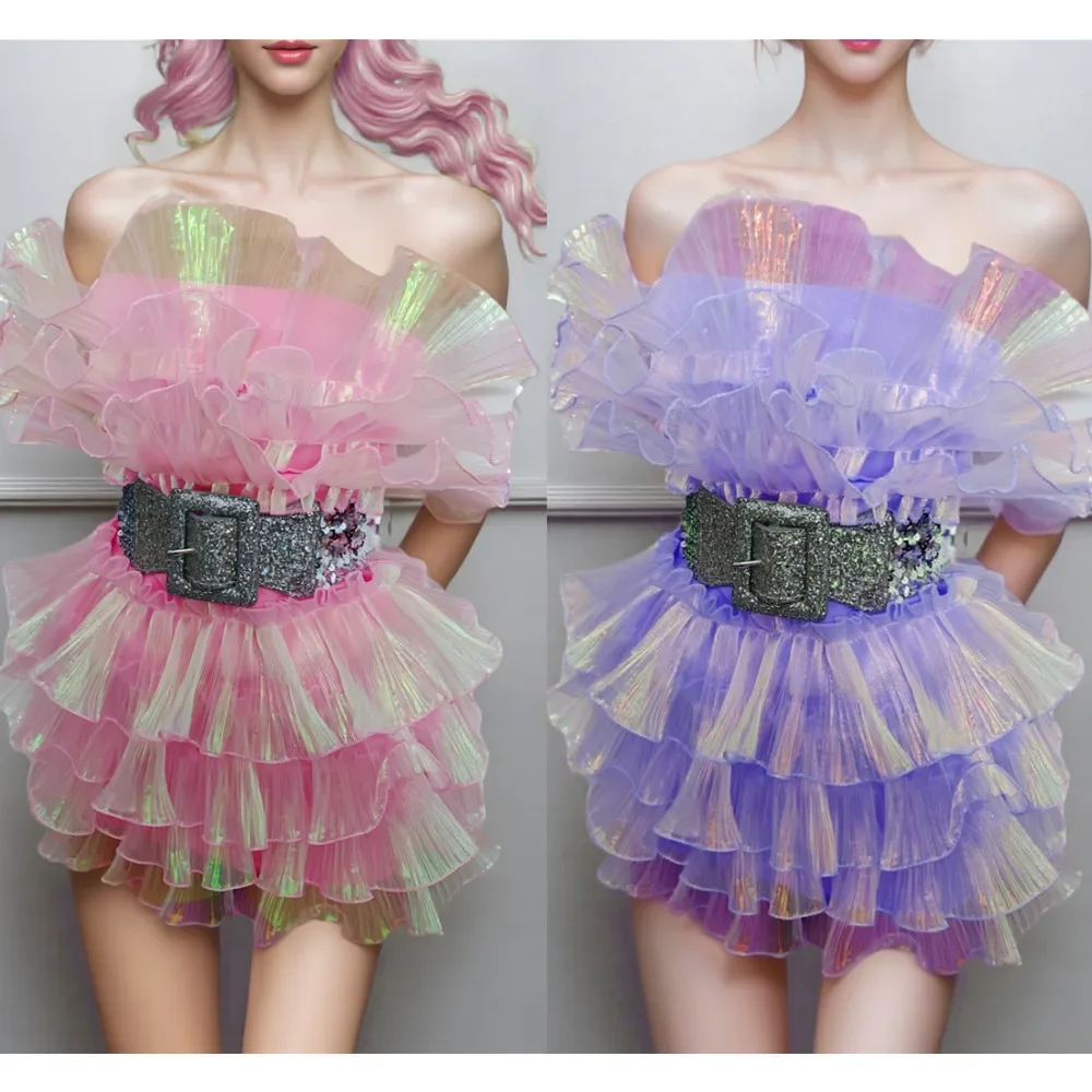 

Women Fluffy Gauze Strapless Sexy Short Dress Birthday Wedding Banquet Evening Prom Party Bar Nightclub Singer Dance Stage Wear