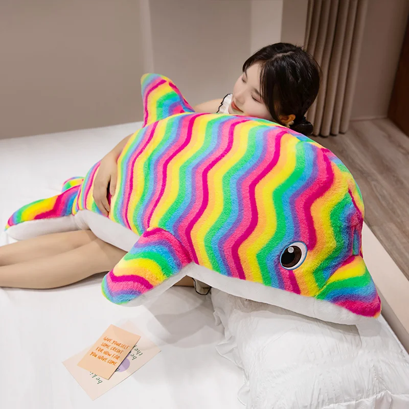 50-130cm Kawaii Cartoon Colorful Giant Dolphin Plush Doll Pillow Rainbow Marine Animal Soft Dolphin Plush Toy Home Decoration
