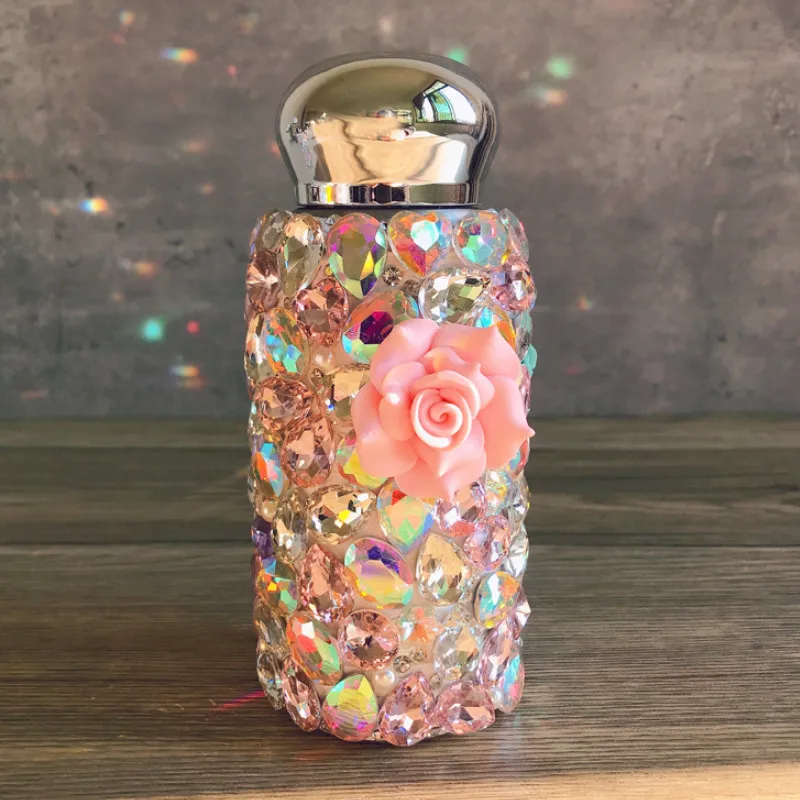 260ml Rabbit Flower Style Diamonds Thermos Cup Stainless Steel Rhinestone Pearls Lady Cartoon Water Bottle Pocket Vacuum Flask