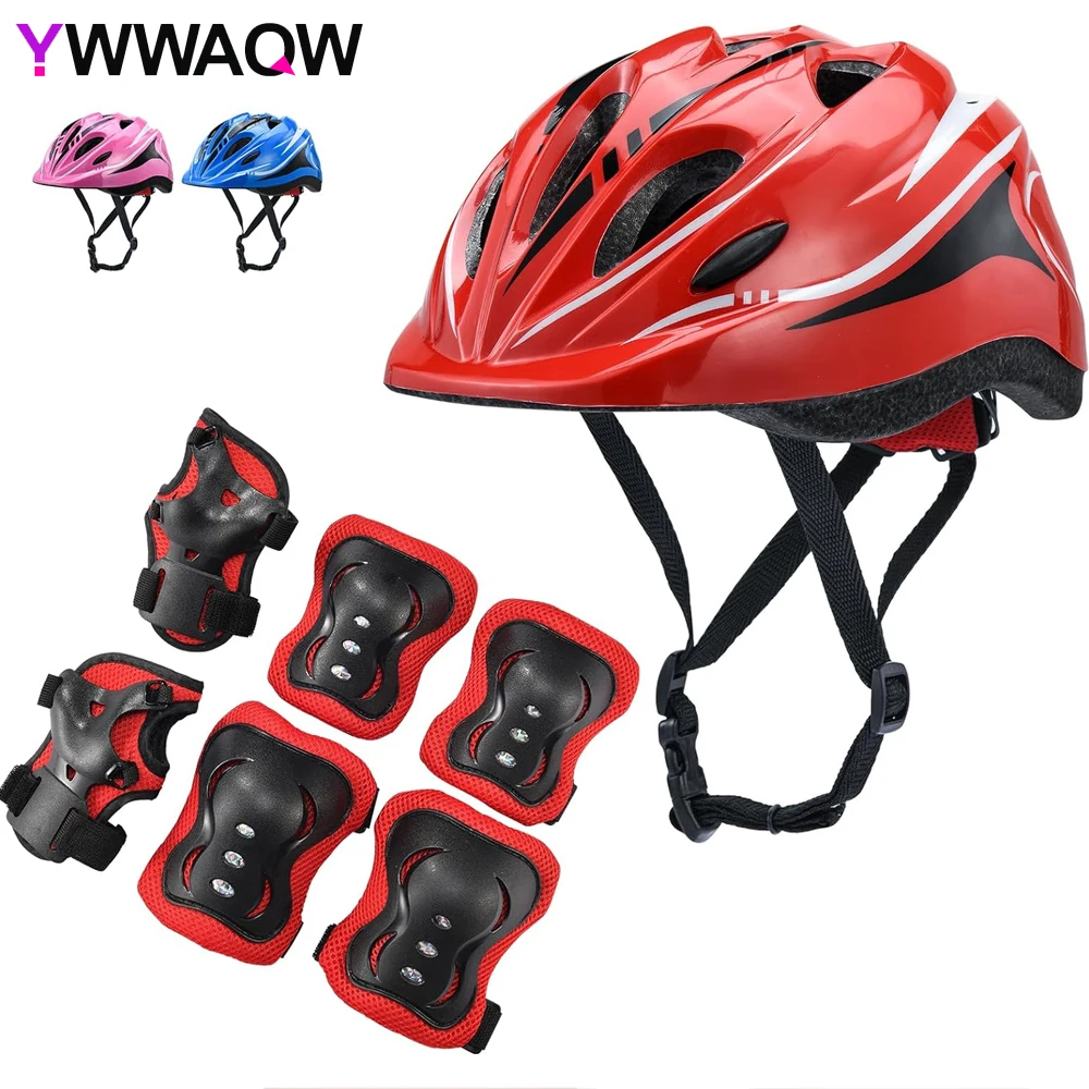 

7Pcs Kids Helmet Knee Pad Set,Adjustable Knee and Elbow Pads Kids Wrist Guards for Bike Cycling Roller Skateboard Protective