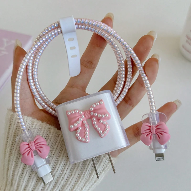 Cute Pink Bowknot Transparent Silicone Charger Case for Apple IPhone 18/20W Charging Cable Protective Cover Sleeve Wire Winder