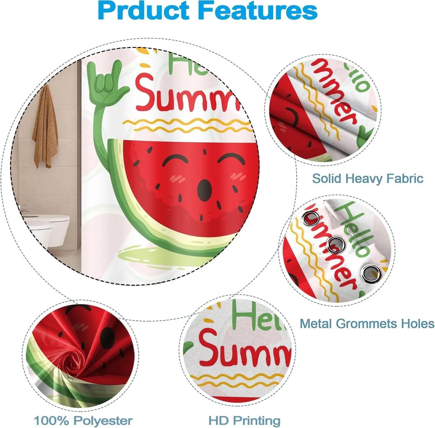 ستارة دش صيفية للحمام كشك قماش البطيخ الأحمر مجموعة ستائر الدش الكرتونية الخضراء الأيدي دش مقاوم للماء #4