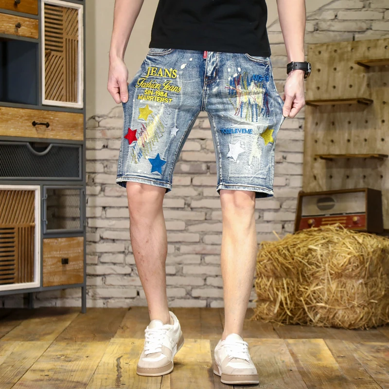 High-end ripped denim shorts Men's straight stretch five-minute pants letter broken holes embroidery men's models