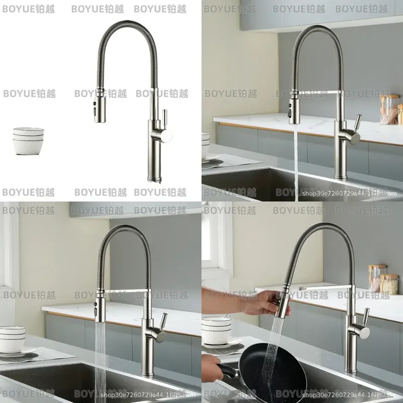 Solid Brass Kitchen Faucet with Pull Out Sprayer Dual Mode Hot Cold Water Mixer Tap for Sink Swivel Spout Modern Design