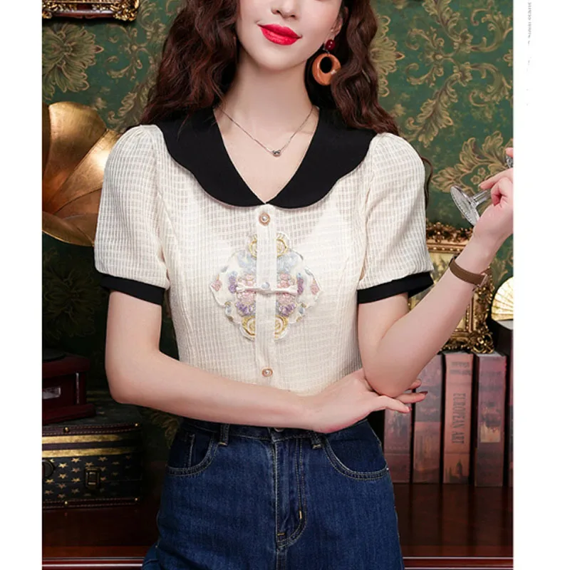 2024 New Women\'s Summer Chinese Style Contrasting Doll Collar Button Versatile Fashion Commuter Short Sleeve Embroidery Shirt