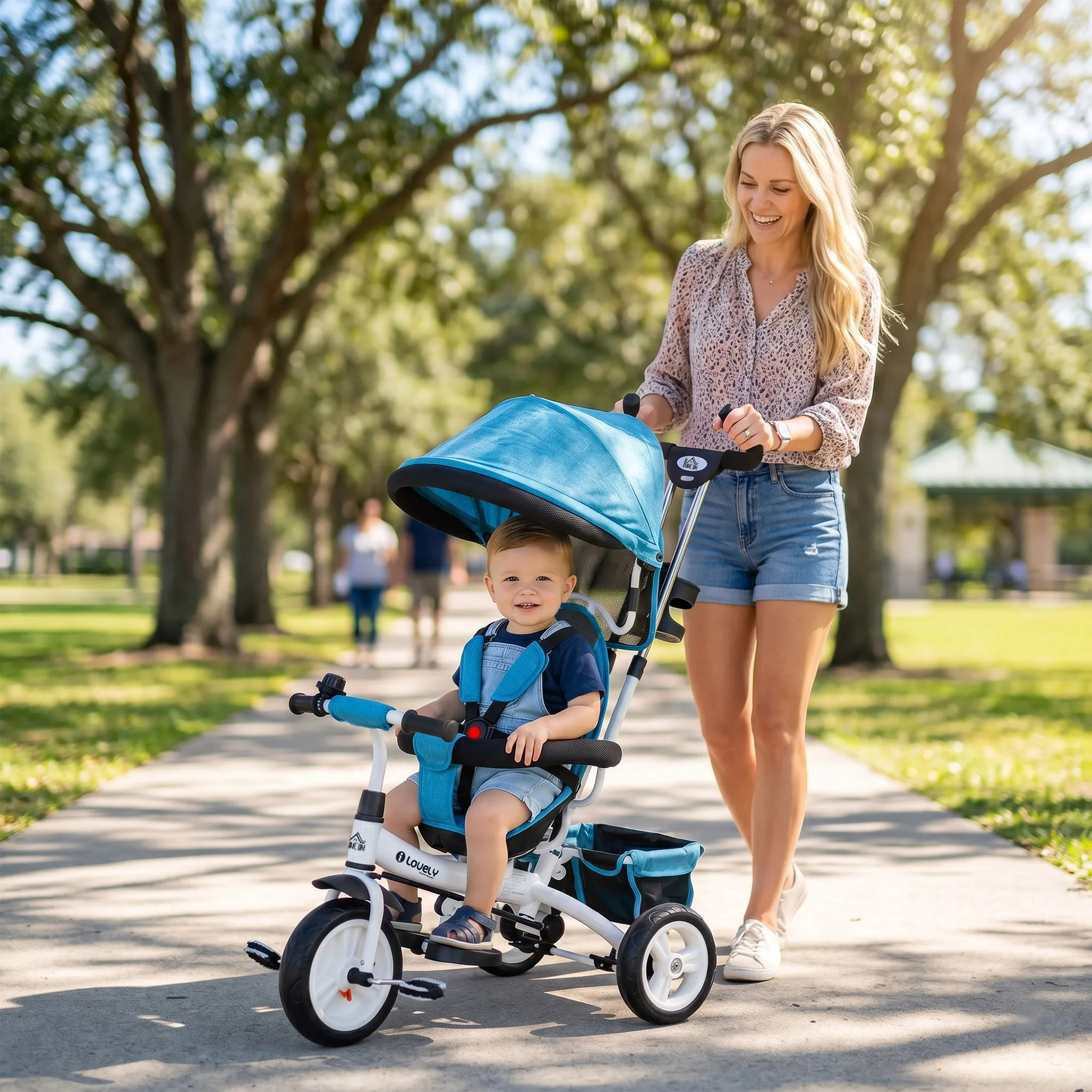 Homcom Evolutionary Tricycle for Children +12 Months with Folding Awning, Telescopic Push Handle and Safety Belt Blue