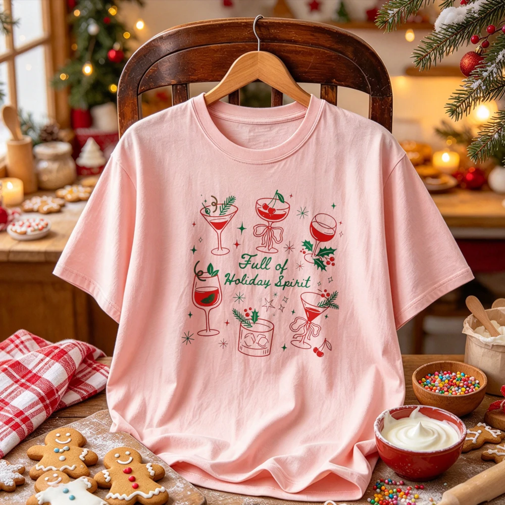 Full of Holiday Spirit Cocktail Wine Glass Graphic Tee Cute Holly Snowflake Print Short Sleeve Christmas Party Casual T-Shirt