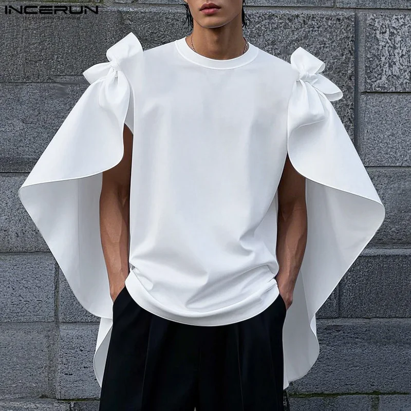 

INCERUN Мужская футболка однотонная с круглым вырезом с коротким рукавом и бантом повседневные мужские футболки корейский стиль свободная модная мужская одежда уличная одежда