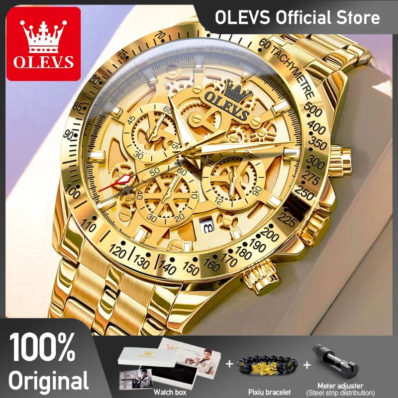 OLEVS Men\'s Watches Gold Luxury Hollow Out Style Original Quartz Watch for Man Waterproof Luminous Chronograph Date 24 Hours