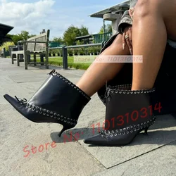 Metal Eyelets Pointy Kitten Heel Ankle Boots Women Trendy Wide Calf Laced Decor Cow Leather Booties Luxury Trendy Bowknot Shoes