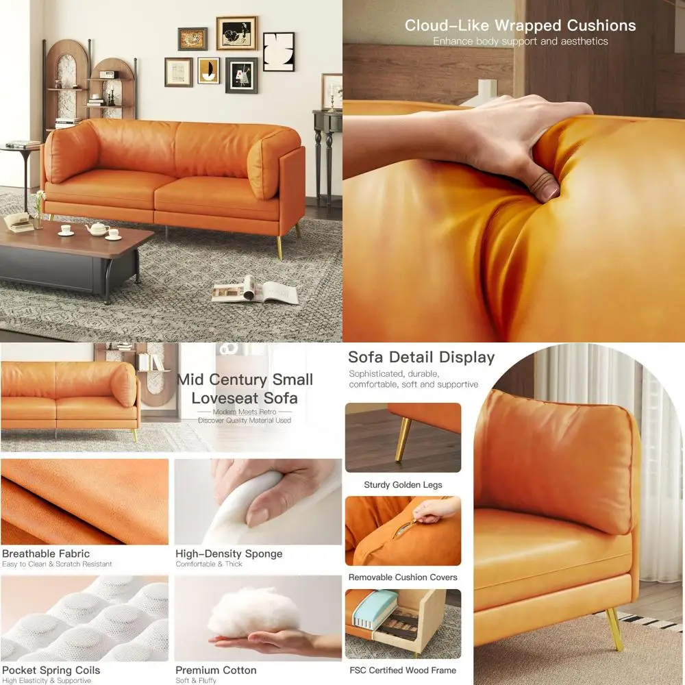 

Современный 7-дюймовый двухместный диван середины века из оранжевой ткани с удобными подушками для расслабляющей гостиной