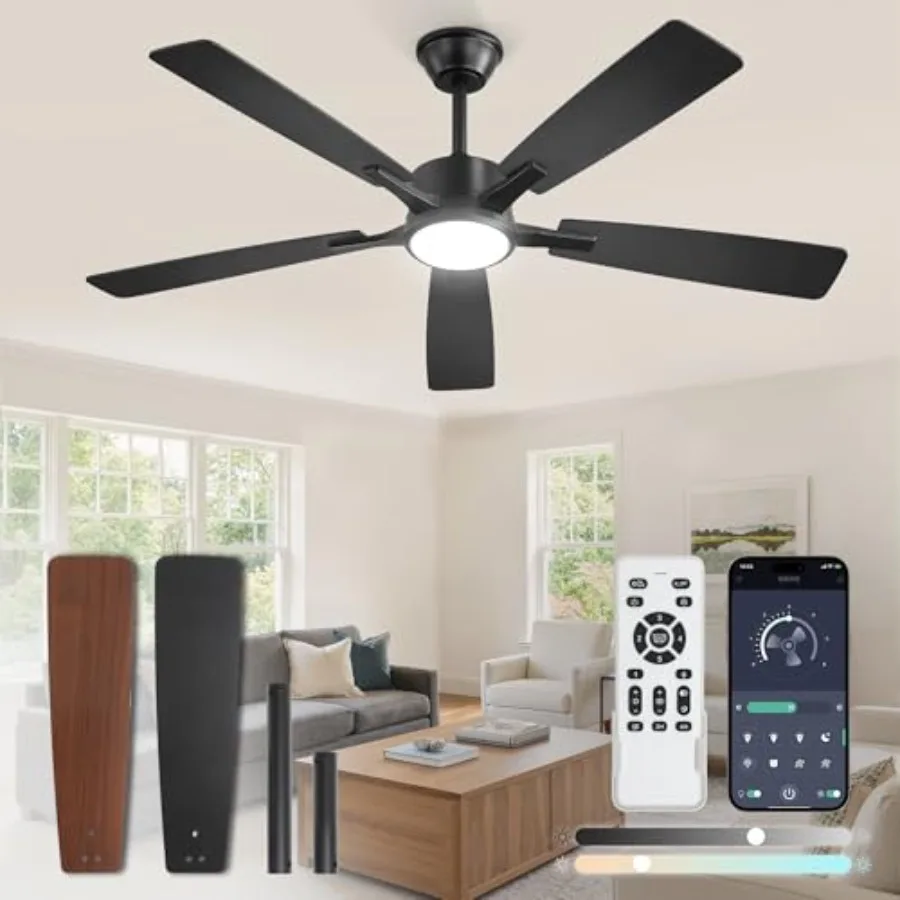 

52 Inch Ceiling Fans with Lights and Remote for Bedroom, Living Room, Apartment: Black ABS Blades, Stepless Color Temperature C