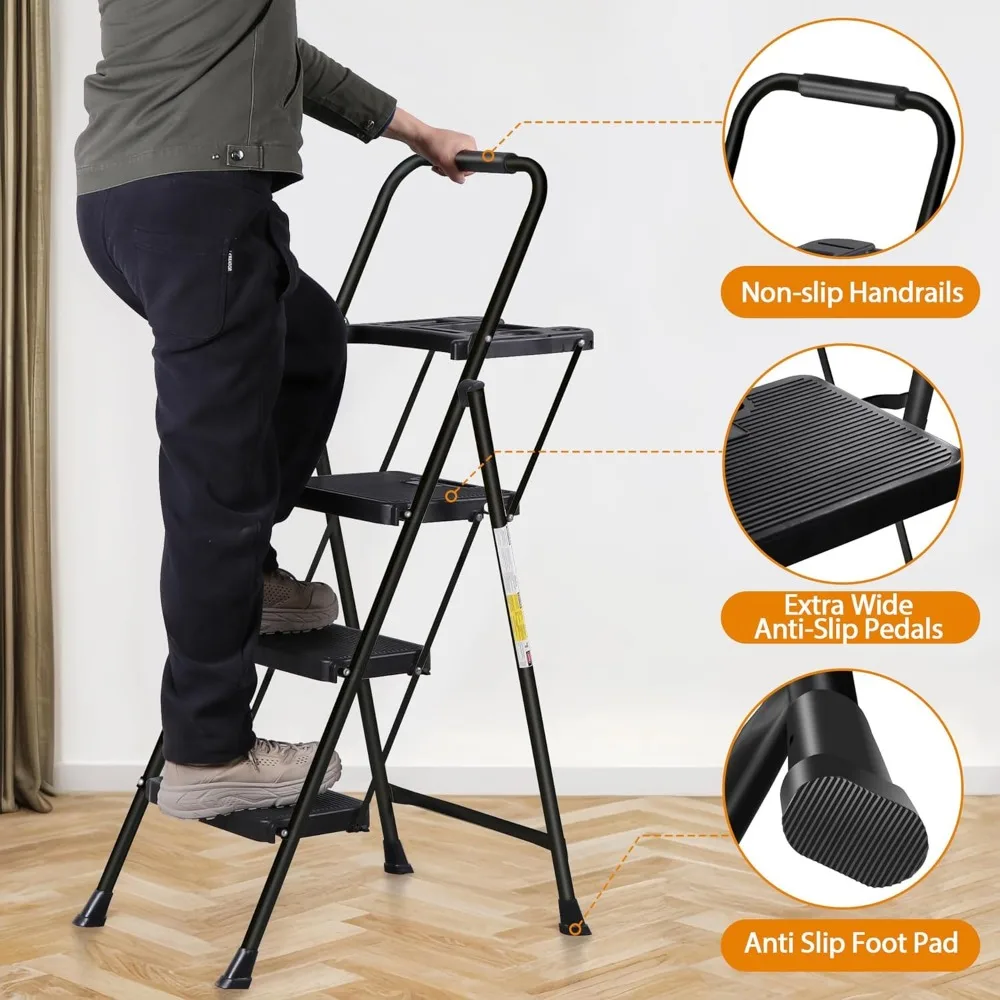 3-step industrial-grade steel ladder with tool tray, compact design, anti-slip feet and durable pp treads