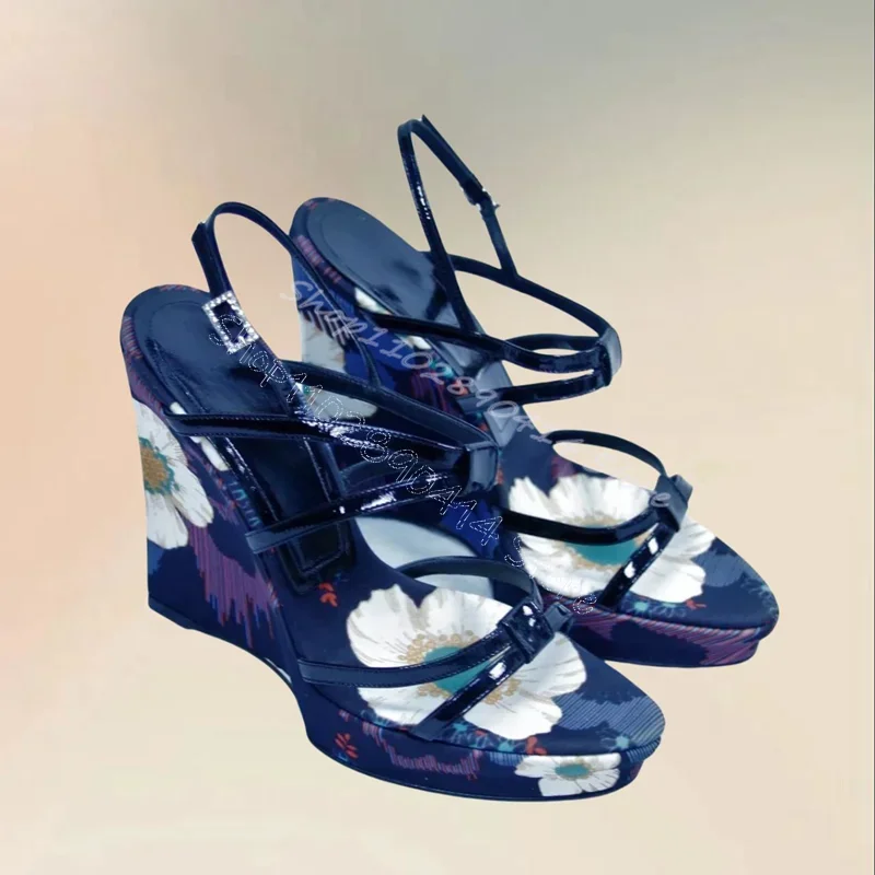 

Blue Floral Print Wedges Heel Strappy Sandals Ankle Buckle Strap Women Shoes Open Toe Novel Party Feast 2024 Zapatos Para Mujere
