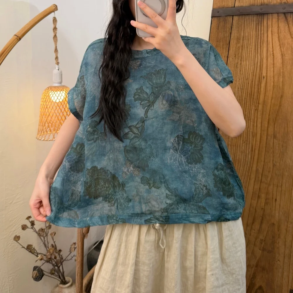 

2026 Summer New Digital Print High-end Artistic Style Loose Ramie Blouse With Small Flutter Sleeves Women Top XY347