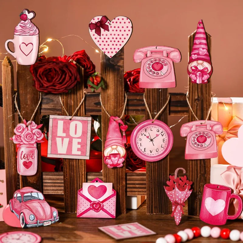 

Pink Valentine's Day Decorations Wooden Valentine's Day Ornaments Hanging Decorations Holiday Valentine's Day Decor
