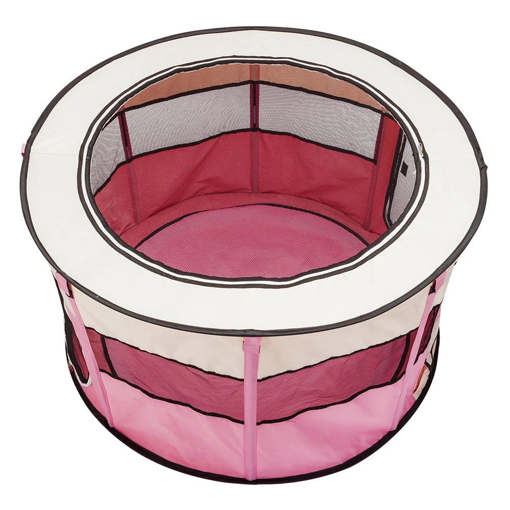 Diameter 40In Circular Play Pen Portable Foldable 600D Oxford Cloth&Mesh Pet Playpen Fence with 8 Panels Zipper Door Pink/Black