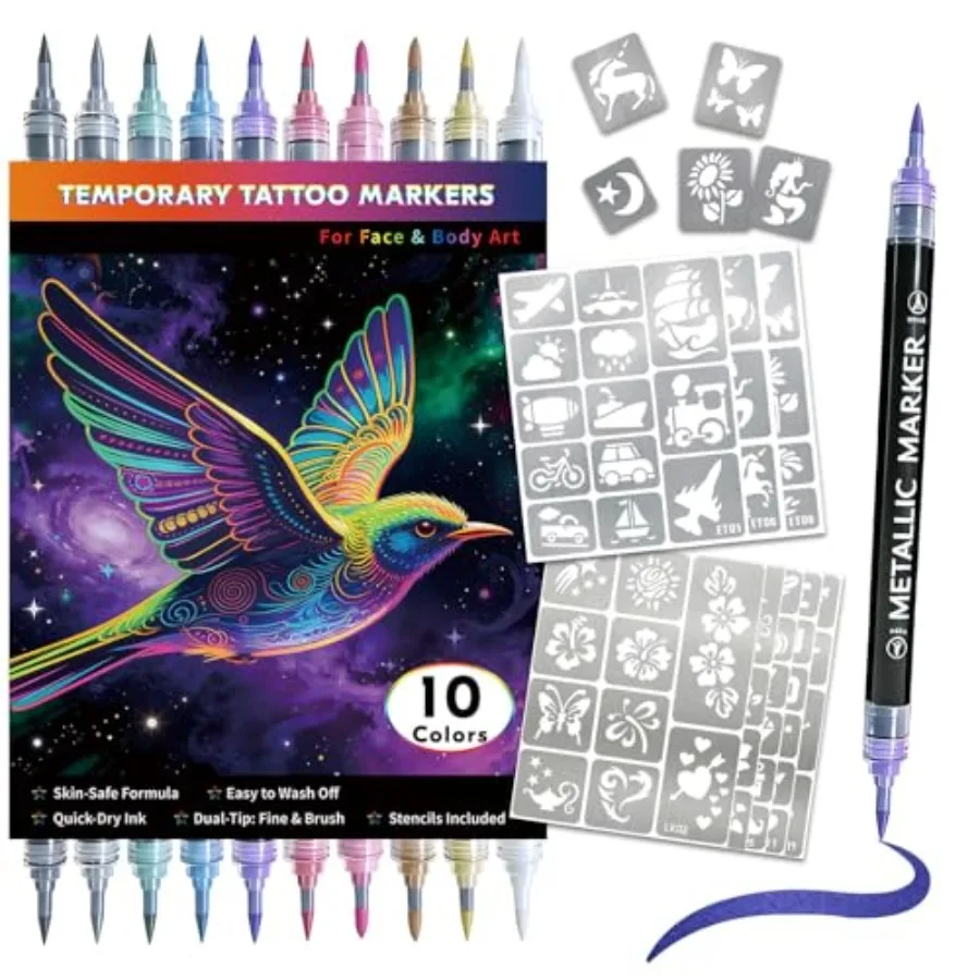 Marcadores de Tatuagem Temporária com Estênceis de Tatuagem, 10 Canetas Cosméticas para Tatuagem Temporária e 8 Folhas de Estênceis Adesivos para Tatuagem Temporária B
