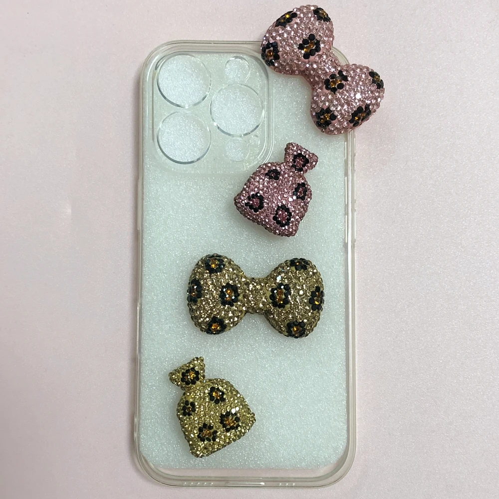 

Mixed 2Pcs Luxury Bling Brown Pink Leopard Print Bow Money Bag Rhinestone Flat Back Decorations Diy Crafts Junk Phone Case Gems