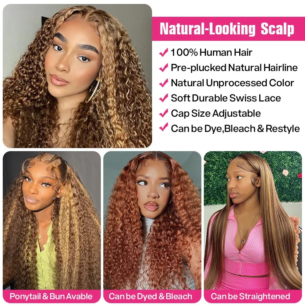 Peruka z ludzkich włosów z kręconymi pasemkami, peruka typu 13x6 HD Lace Front, ombre miodowy blond, peruka typu deep wave frontal, brazylijskie włosy dla kobiet