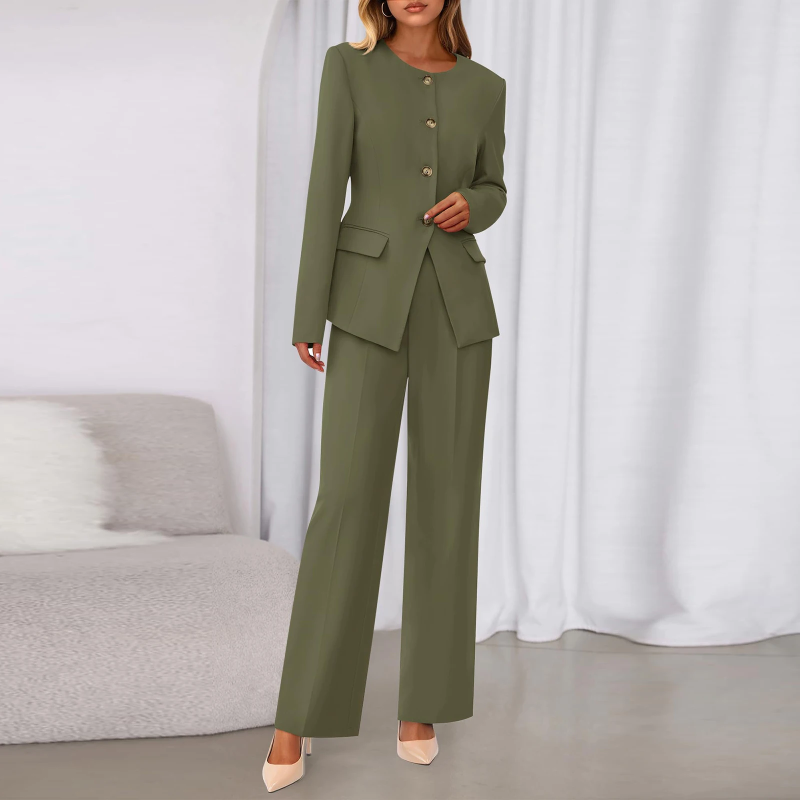 

Autumn Straight Suit Vintage Single Breasted Jacket 2pc Set New Elegant Long Sleeved Women's Outfit Temperament Solid Color sets