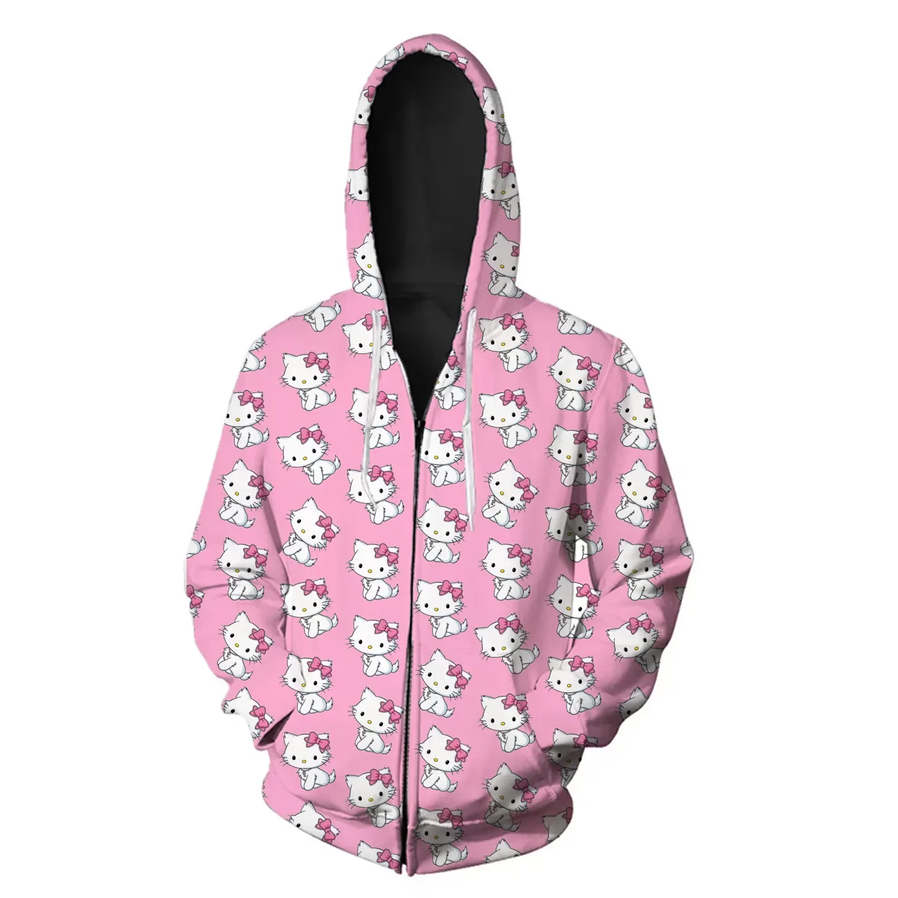 Hello Kitty Coat 2023 Women's Spring and Autumn Fashion Thick Cute Hoodie Coat Cartoon Print Beige Hoodie Sweater Loose Zip Hood