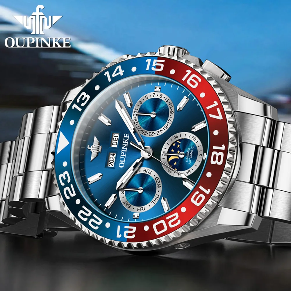 Oupinke 3271 relógio masculino original marca todo automático relógio mecânico multifuncional fase da lua cronógrafo presente superior reloj