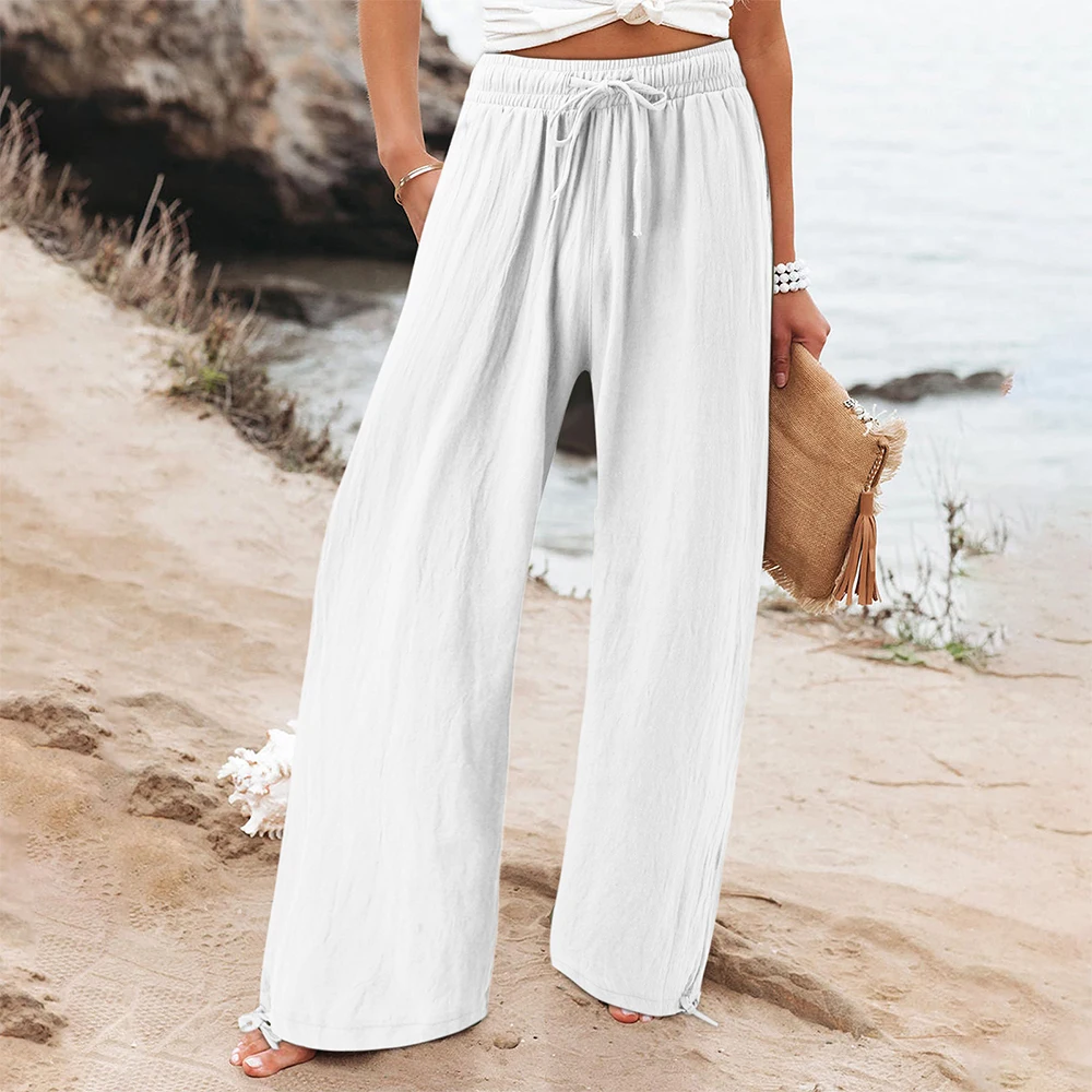 Plus Size Cotton Linen Women Pants 2023 High Waist Wide Leg Long Trousers Autumn Female Clothing Elegant Large Size Length Pants